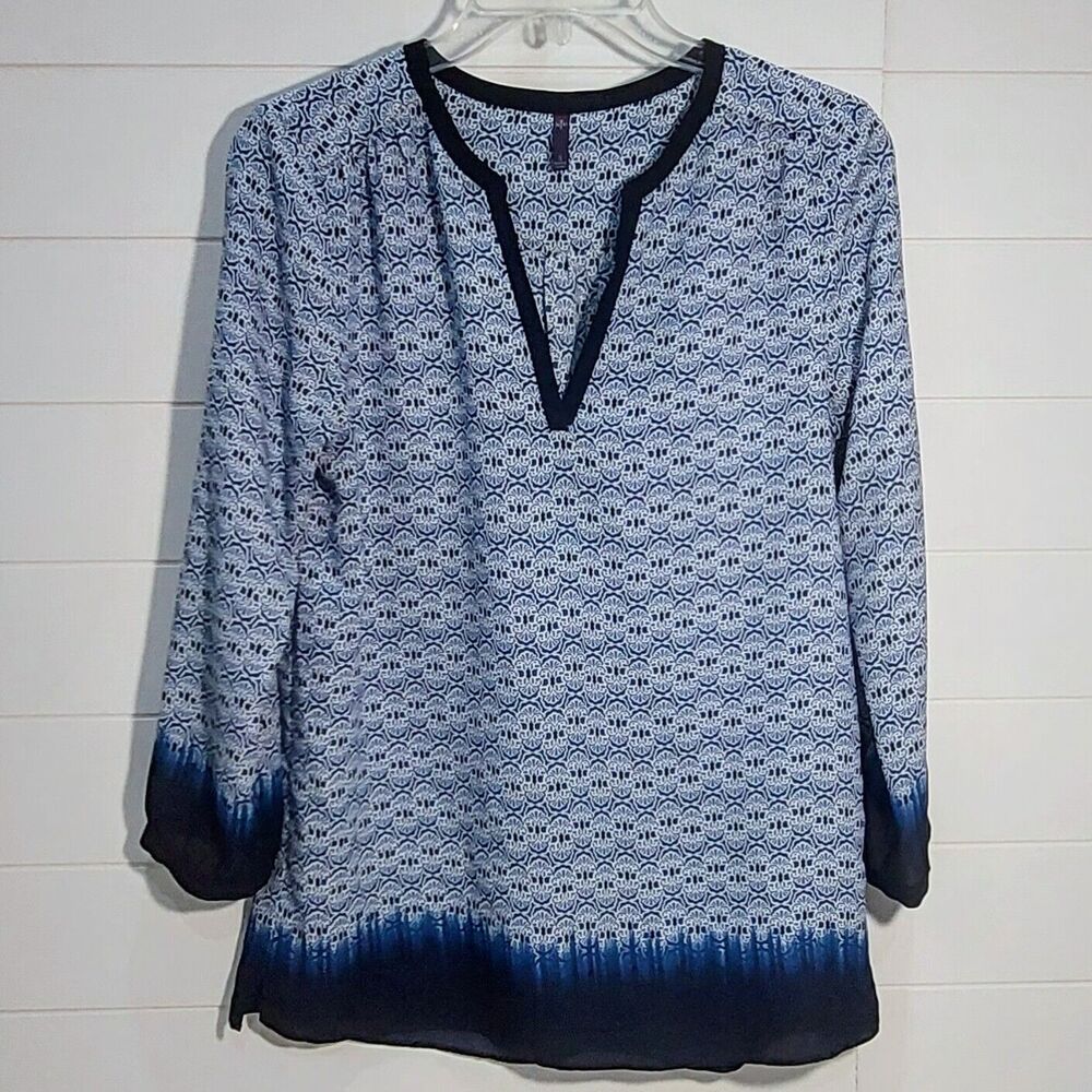 NYDJ Women's Small Blouse 3/4 Sleeve Ikat Print Pleated Dart in Back